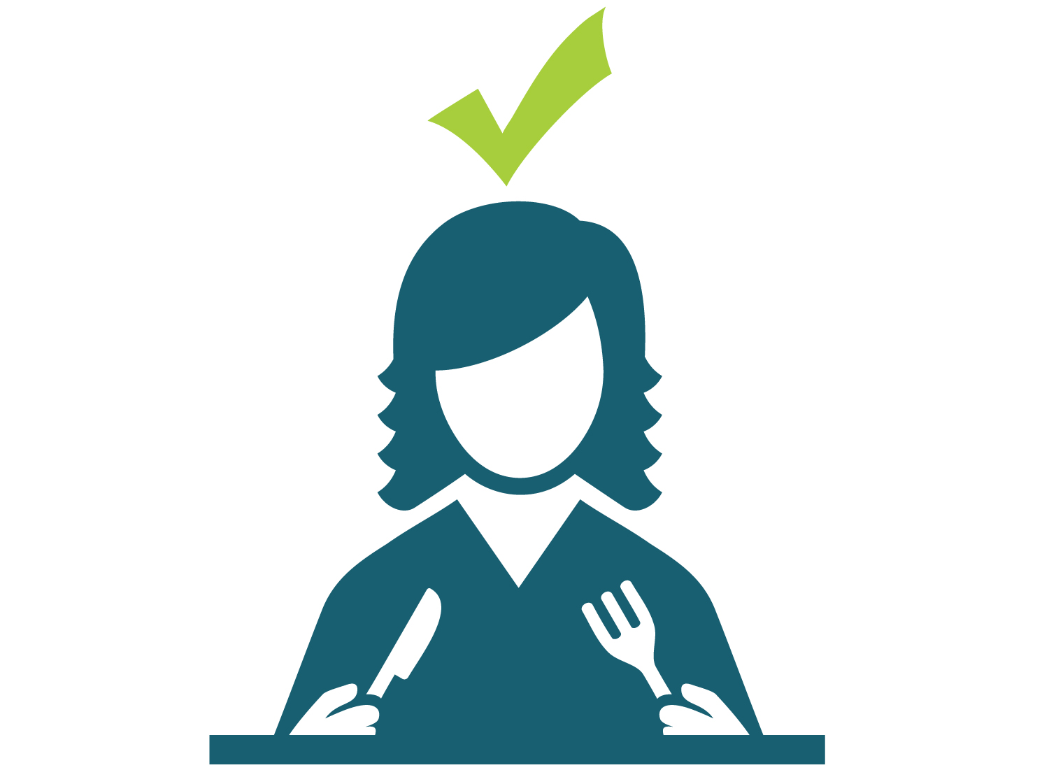 Image of person eating with fork and knife and green check mark over head