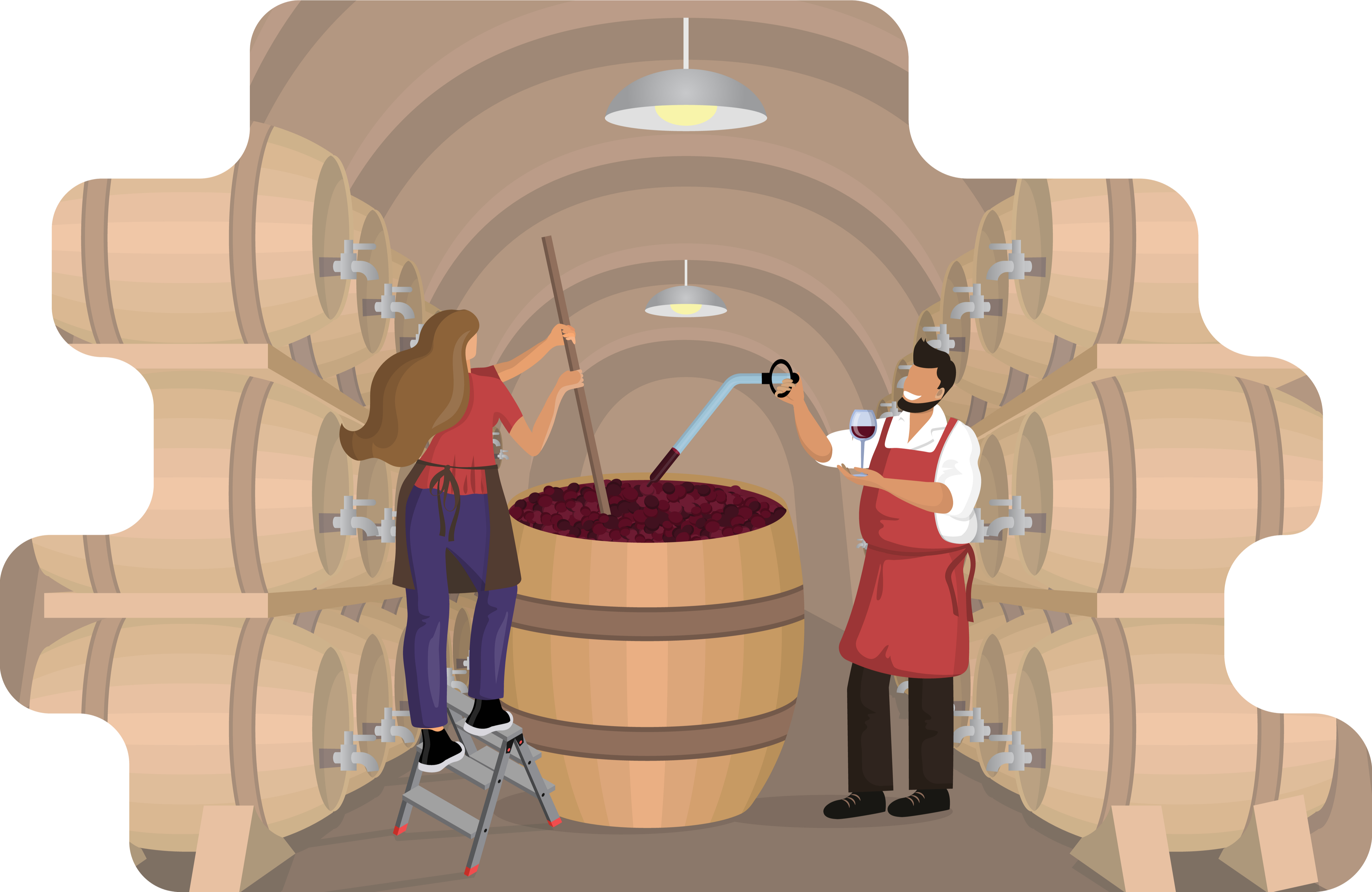 Illustration of a man and woman mixing grapes in wine barrels.